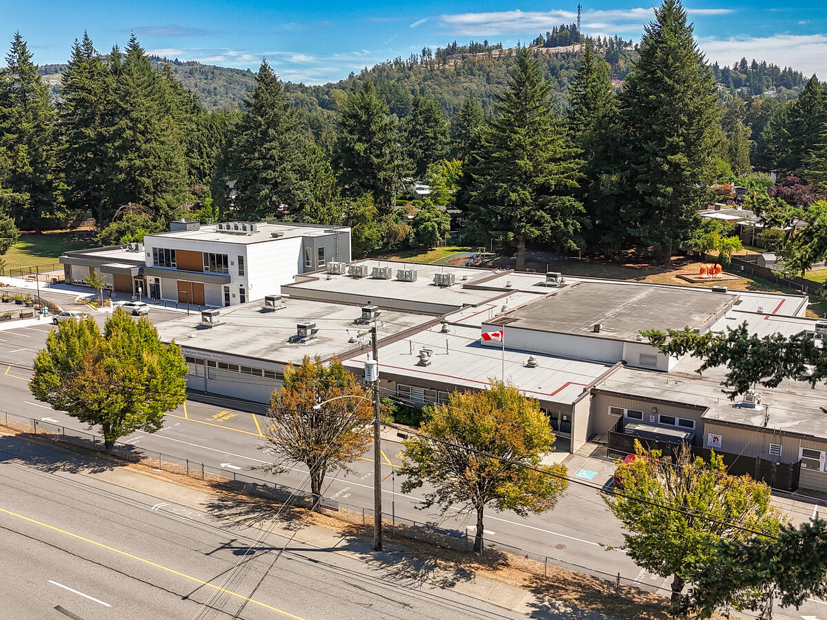 Exterior image of an elementary school. Large Cedar tree at the front of the school, surrounded by the parking lot. Blue sky, neighbourhood homes and more trees in the background